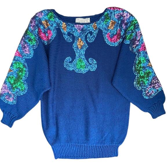 Nannell Hand-Knit Sequin Scroll Sweater – Jewel Tone Embellishment – Size L - Picture 1 of 8
